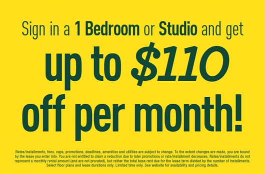 Sign in a 1 Bedroom or Studio and get up to $110 off per month!