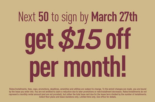 Next 50 to sign by march 27th get $15 off per month!