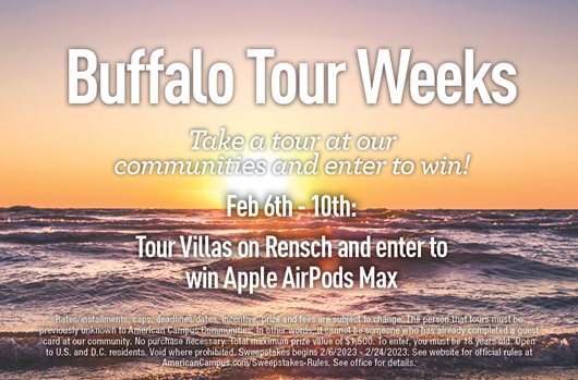 Buffalo Tour Week. Feb 6th-10th. Tour Villas on Resnch and enter to win Apple AirPods Max!