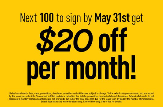 Next 100 to sign by May 31st get $20 off per month!