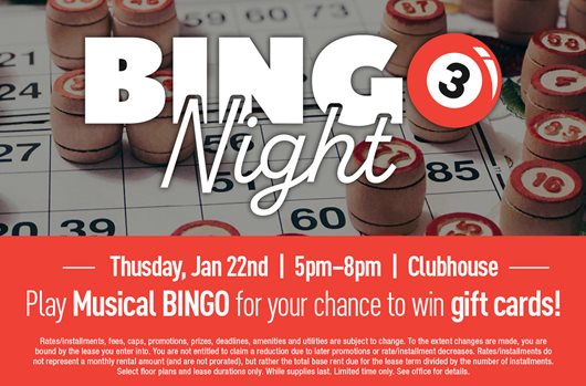 BINGO Night Jan 22nd | 5-8p | Clubhouse Play Musical Bingo for your chance to win gift cards!