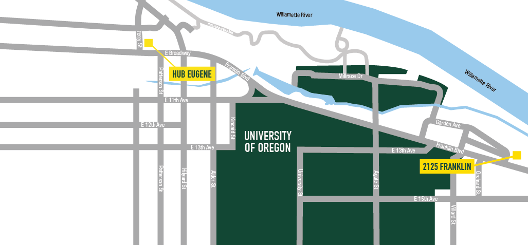 Map of apartments near University of Oregon. 2125 Franklin, The 515, 959 Franklin.