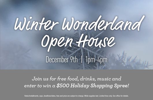 Winter Wonderland Open House Dec. 9th | 1pm-4pm. Join us for free food, drinks, music, and enter to win a $500 Holiday Shopping Spree!