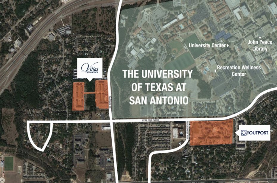Map of apartments near UTSA. The Outpost & Villas at Babcock.