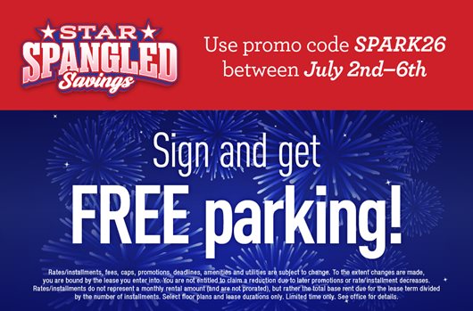 Star Spangled Savings! Use promo code SPARK26 between July 2nd - 6th and get FREE parking