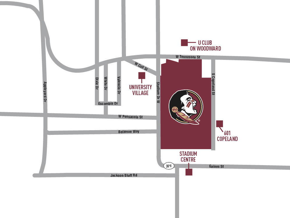 Map of apartments near FSU. Stadium Centre, 601 Copeland, University Village & U Club on Woodward.