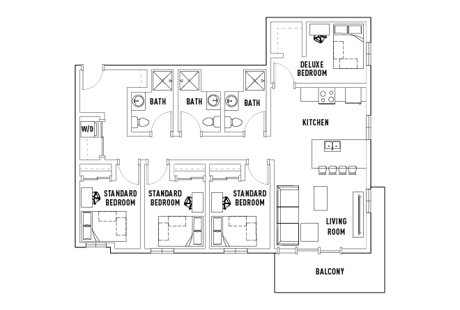 4 Bed - 3 Bath A Standard Bedroom with Balcony
