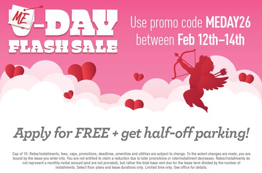 Me-Day Flash Sale 2/12/2026 - 2/14/2026 Use promo code MEDAY26 and Apply for FREE + Half-off parking!