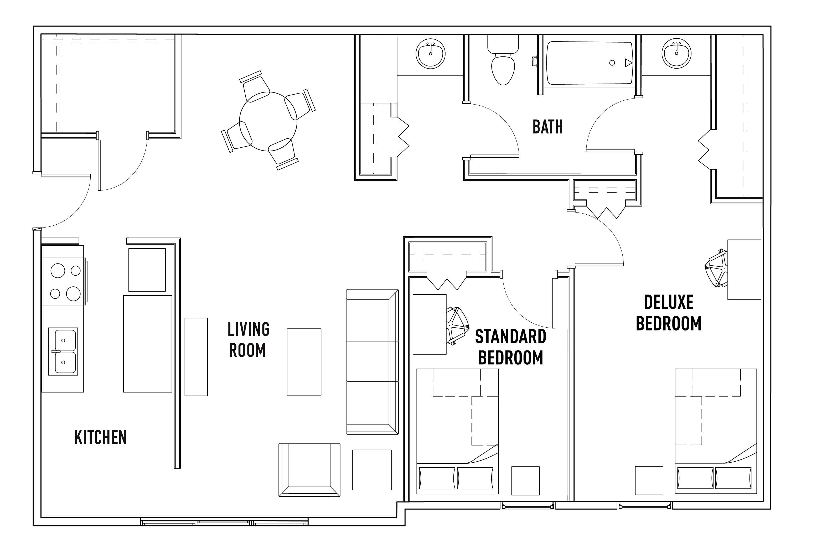 Apartments - 2 Bed - 1 Bath B Private Standard Bedroom Unfurnished