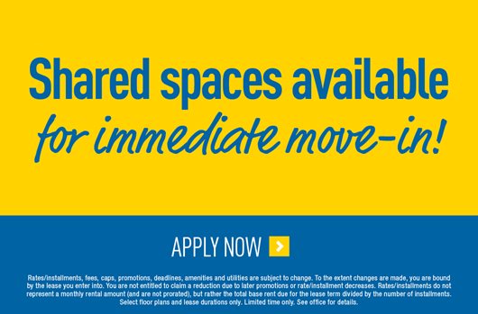 Shared Spaces Available for Immediate Move-in! Apply now >
