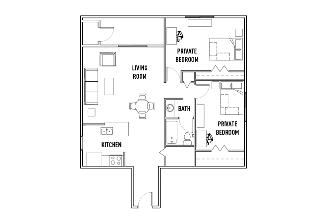 Tower - 2 Bed - 1 Bath C Private Bedroom with Balcony Unfurnished