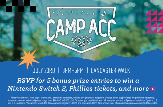 Camp ACC July 23rd | 3-5 pm Join us for lawn games, local eats, and the chance to win prizes including a Nintendo Switch 2, Phillies Tickets and more RSVP for 5 bonus prize entries >