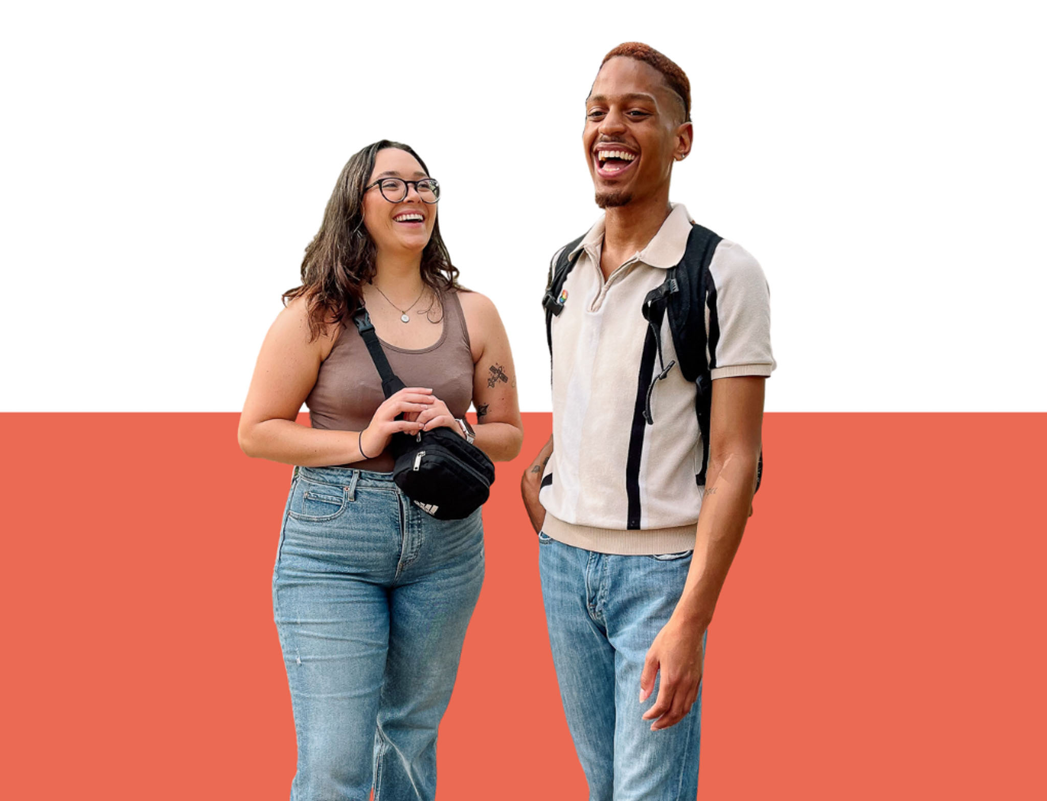 Two students laughing