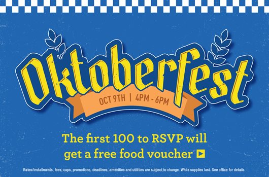 Oktoberfest. Oct 9th. 4pm-6pm. The first 100 to RSVP will get a free food voucher >