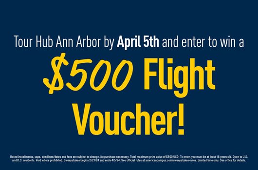 Tour Hub Ann Arbor by April 5th and enter to win a $500 flight voucher!