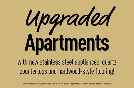 Upgraded Apartments with new stainless steel appliances, quartz countertops and hardwood-style flooring!