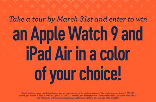 Take a tour by March 31st and enter to win an Apple Watch 9 and iPad Air in a color of your choice!