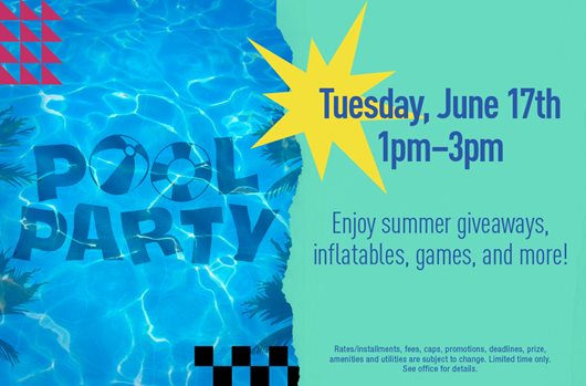 Pool Party | Tuesday, June 17th | 1pm-3pm | Enjoy summer giveaways, inflatables, games and more