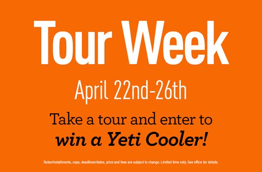 Tour week April 22nd-26th. Take a tour and enter to win a Yeti Cooler!