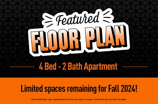 Featured Floor Plan: 4 Bed - 2 Bath Apartment. LImited spaces remaining for Fall 2024$