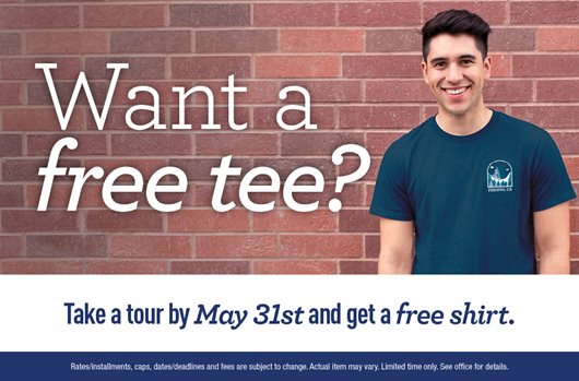 Want a free tee? | Take a tour by May 31st and get a free t-shirt.