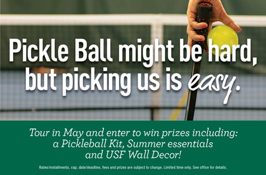 Pickle Ball might be hard but Picking us is easy. | Tour in May and enter to win a pickleball kit, water bottle, sunscreen, beach towel, and USF wall decor.