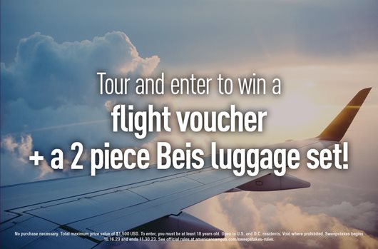 Tour and enter to win a flight voucher + a 2 piece Beis luggage set.