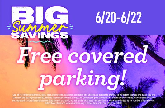 Big Summer Savings Flash Sale. Use promo code BIG25 6/20 - 6/22 and save with FREE covered parking