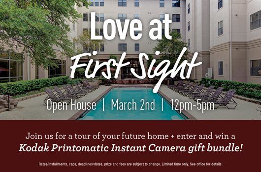 Love at First Sight | Open House March 2nd | 12pm-5pm. Join us for a tour of your future home + enter to win a Kodak Printomatic Instant Camera gift bundle!