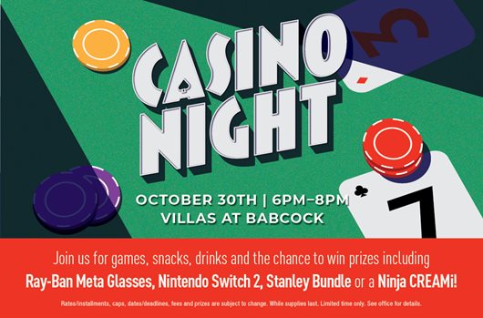 Casino Night on October 30 from 6PM - 8Pm at Villas at Babcock