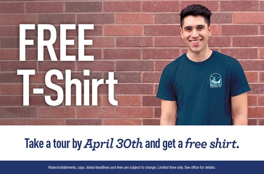 Free T-shirt | Take a tour by April 30th and get a free t-shirt.